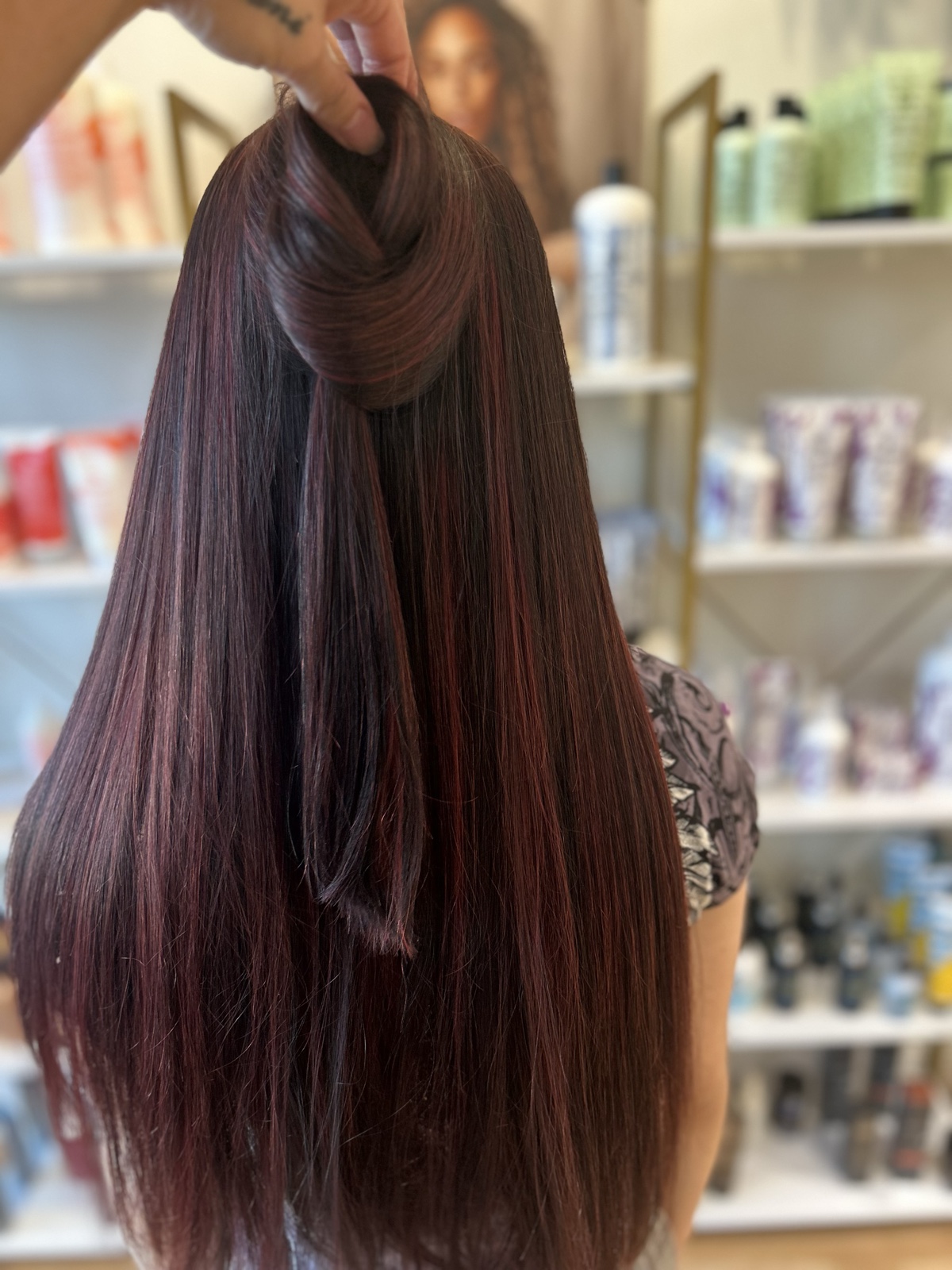 Long straight hair in deep plum-burgundy with fine red-violet strands, a section looped up at the crown, seen from behind. Vivid color by Tori Knox at Canterbury & Co. Salon in Fort Myers