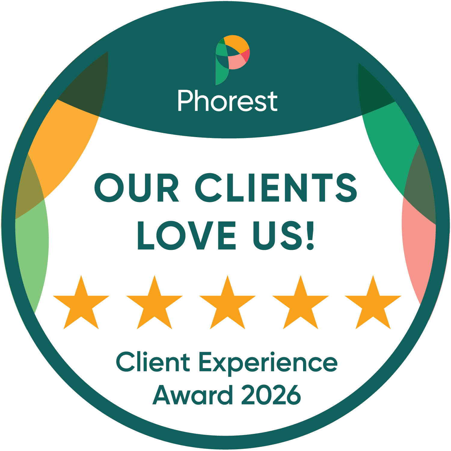 The 2026 Phorest Client Experience Award badge — Our Clients Love Us, five gold stars.