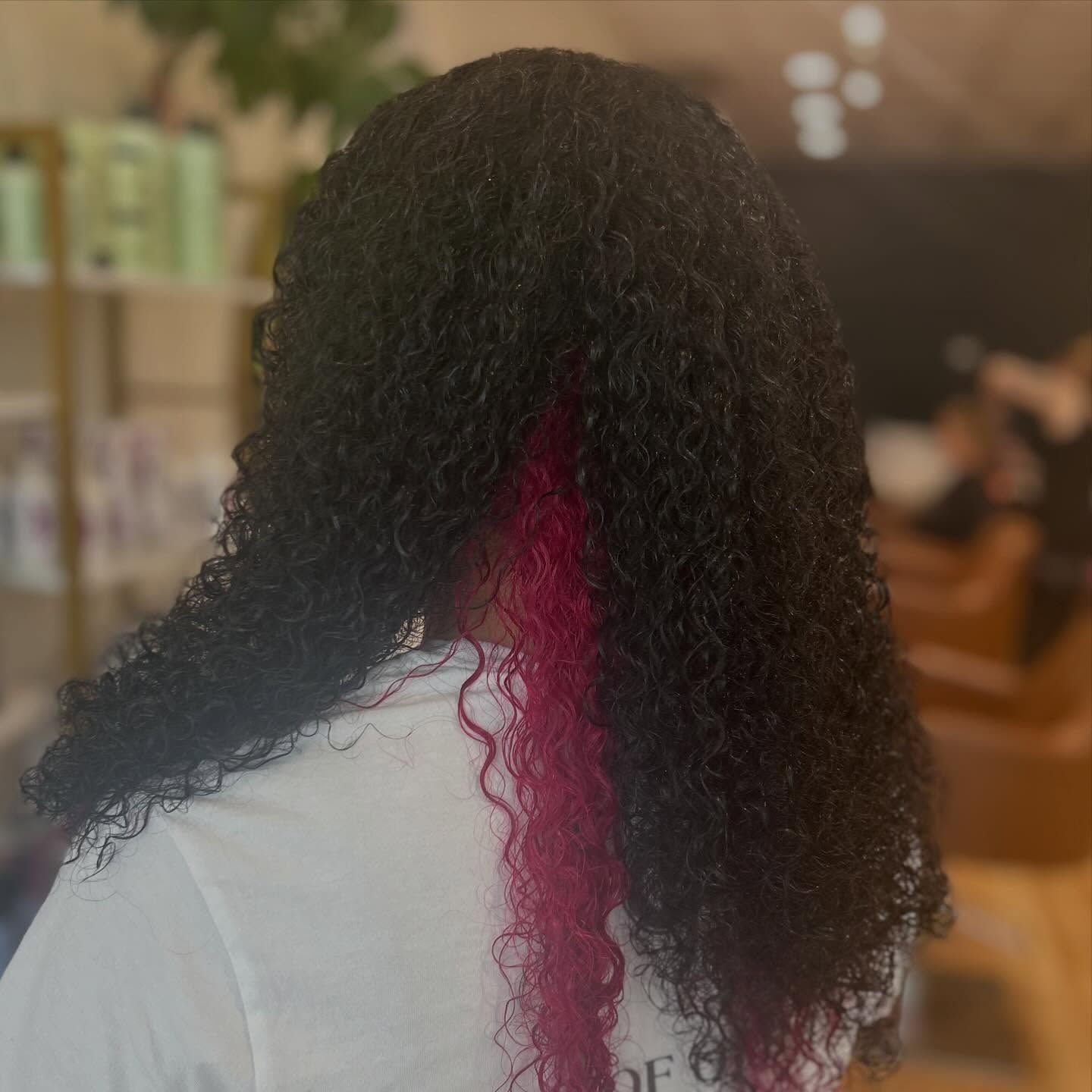 Long, tightly curled black hair with a single panel of bright pink peekaboo color through the back, at Canterbury & Co. in Fort Myers